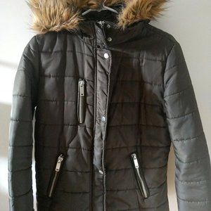 Forever 21 Dark Green Jacket Coat faux fur Hooded Size Small